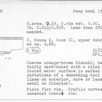 Index card with typed and handwritten information, sometimes including a sketch, of pottery from an excavation.