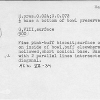 Index card with typed and handwritten information, sometimes including a sketch, of pottery from an excavation.