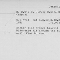 Index card with typed and handwritten information, sometimes including a sketch, of pottery from an excavation.