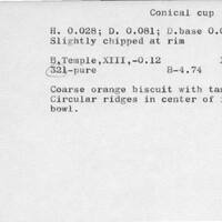 Index card with typed and handwritten information, sometimes including a sketch, of pottery from an excavation.