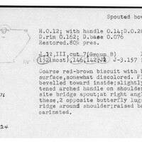 Index card with typed and handwritten information, sometimes including a sketch, of pottery from an excavation.