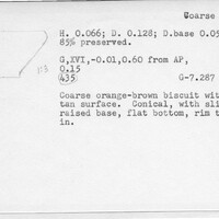 Index card with typed and handwritten information, sometimes including a sketch, of pottery from an excavation.