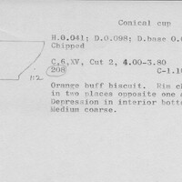 Index card with typed and handwritten information, sometimes including a sketch, of pottery from an excavation.