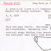 Index card with typed and handwritten information, sometimes including a sketch, of pottery from an excavation.