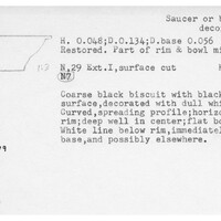 Index card with typed and handwritten information, sometimes including a sketch, of pottery from an excavation.