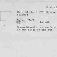 Index card with typed and handwritten information, sometimes including a sketch, of pottery from an excavation.