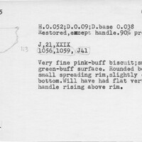 Index card with typed and handwritten information, sometimes including a sketch, of pottery from an excavation.