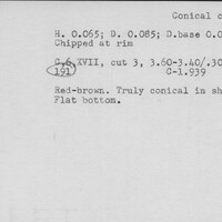 Index card with typed and handwritten information, sometimes including a sketch, of pottery from an excavation.