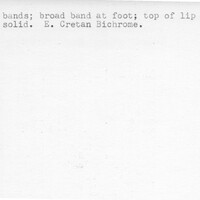 Index card with typed and handwritten information, sometimes including a sketch, of pottery from an excavation.