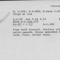 Index card with typed and handwritten information, sometimes including a sketch, of pottery from an excavation.