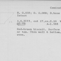Index card with typed and handwritten information, sometimes including a sketch, of pottery from an excavation.
