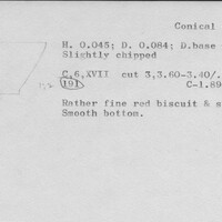 Index card with typed and handwritten information, sometimes including a sketch, of pottery from an excavation.