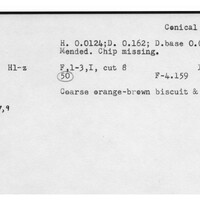 Index card with typed and handwritten information, sometimes including a sketch, of pottery from an excavation.