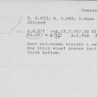 Index card with typed and handwritten information, sometimes including a sketch, of pottery from an excavation.