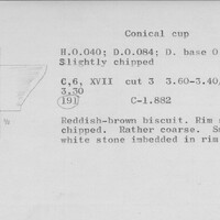 Index card with typed and handwritten information, sometimes including a sketch, of pottery from an excavation.