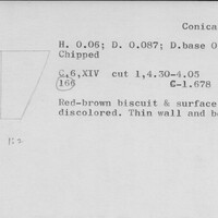 Index card with typed and handwritten information, sometimes including a sketch, of pottery from an excavation.