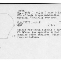 Index card with typed and handwritten information, sometimes including a sketch, of pottery from an excavation.