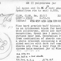 Index card with typed and handwritten information, sometimes including a sketch, of pottery from an excavation.