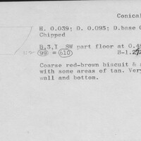 Index card with typed and handwritten information, sometimes including a sketch, of pottery from an excavation.