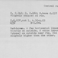 Index card with typed and handwritten information, sometimes including a sketch, of pottery from an excavation.