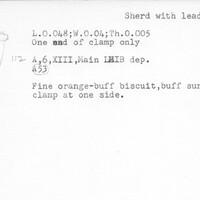Index card with typed and handwritten information, sometimes including a sketch, of pottery from an excavation.