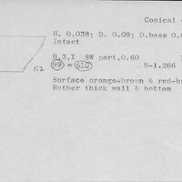 Index card with typed and handwritten information, sometimes including a sketch, of pottery from an excavation.