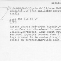 Index card with typed and handwritten information, sometimes including a sketch, of pottery from an excavation.