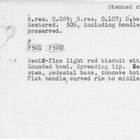 Index card with typed and handwritten information, sometimes including a sketch, of pottery from an excavation.