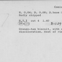 Index card with typed and handwritten information, sometimes including a sketch, of pottery from an excavation.