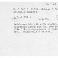 Index card with typed and handwritten information, sometimes including a sketch, of pottery from an excavation.