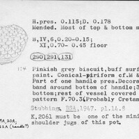 Index card with typed and handwritten information, sometimes including a sketch, of pottery from an excavation.