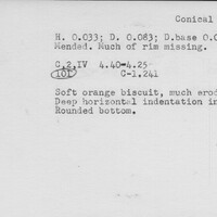 Index card with typed and handwritten information, sometimes including a sketch, of pottery from an excavation.