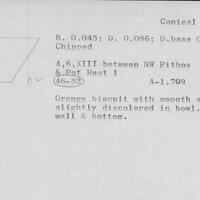Index card with typed and handwritten information, sometimes including a sketch, of pottery from an excavation.