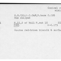 Index card with typed and handwritten information, sometimes including a sketch, of pottery from an excavation.