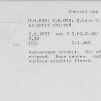 Index card with typed and handwritten information, sometimes including a sketch, of pottery from an excavation.