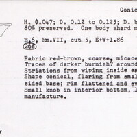 Index card with typed and handwritten information, sometimes including a sketch, of pottery from an excavation.