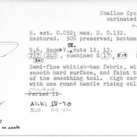 Index card with typed and handwritten information, sometimes including a sketch, of pottery from an excavation.