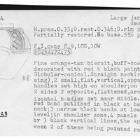 Index card with typed and handwritten information, sometimes including a sketch, of pottery from an excavation.