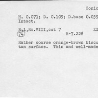 Index card with typed and handwritten information, sometimes including a sketch, of pottery from an excavation.