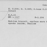 Index card with typed and handwritten information, sometimes including a sketch, of pottery from an excavation.