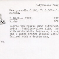 Index card with typed and handwritten information, sometimes including a sketch, of pottery from an excavation.