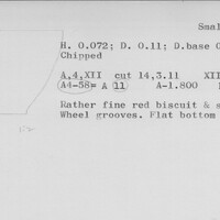 Index card with typed and handwritten information, sometimes including a sketch, of pottery from an excavation.