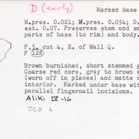 Index card with typed and handwritten information, sometimes including a sketch, of pottery from an excavation.