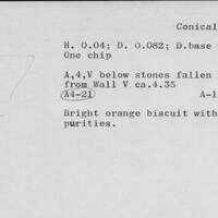 Index card with typed and handwritten information, sometimes including a sketch, of pottery from an excavation.
