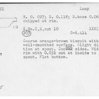 Index card with typed and handwritten information, sometimes including a sketch, of pottery from an excavation.