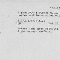 Index card with typed and handwritten information, sometimes including a sketch, of pottery from an excavation.