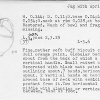 Index card with typed and handwritten information, sometimes including a sketch, of pottery from an excavation.