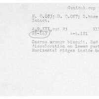 Index card with typed and handwritten information, sometimes including a sketch, of pottery from an excavation.