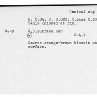 Index card with typed and handwritten information, sometimes including a sketch, of pottery from an excavation.