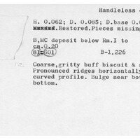 Index card with typed and handwritten information, sometimes including a sketch, of pottery from an excavation.